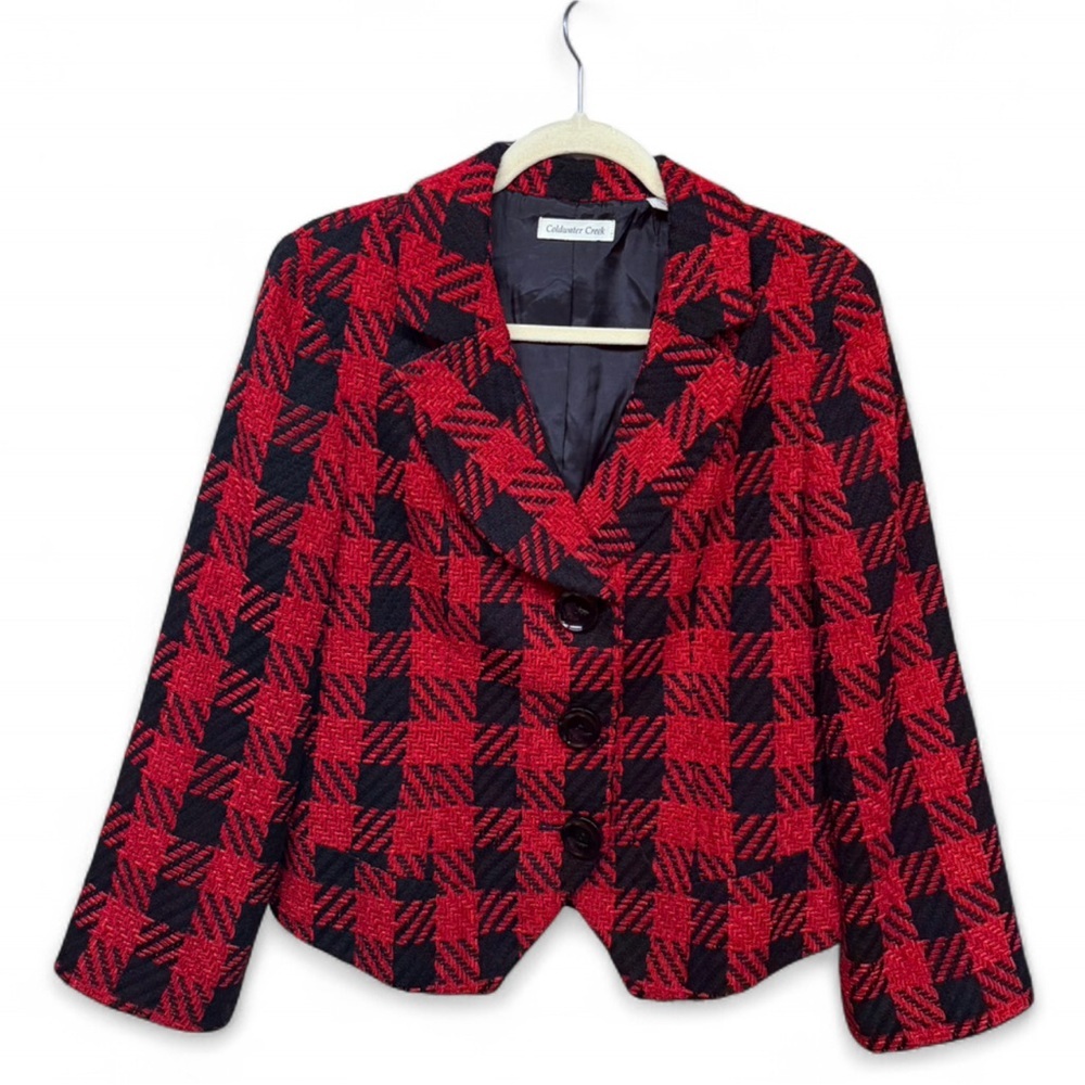 Coldwater Creek Red Black Plaid Tweed Blazer Jacket Size 10 - Picture 2 of 9